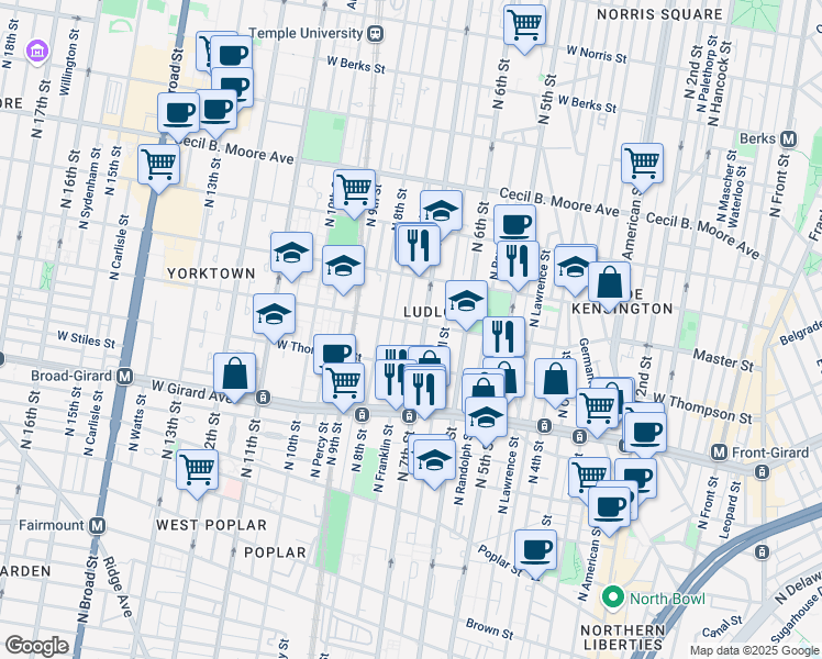 map of restaurants, bars, coffee shops, grocery stores, and more near 1412 North Franklin Street in Philadelphia