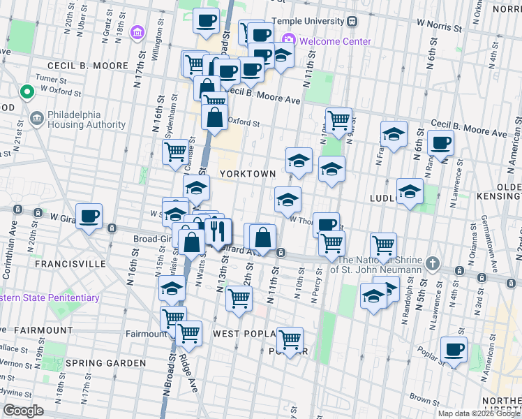 map of restaurants, bars, coffee shops, grocery stores, and more near 1116 Master Street in Philadelphia