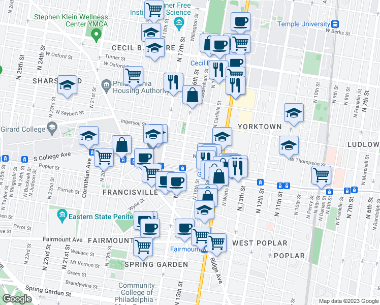 map of restaurants, bars, coffee shops, grocery stores, and more near 1538 West Thompson Street in Philadelphia