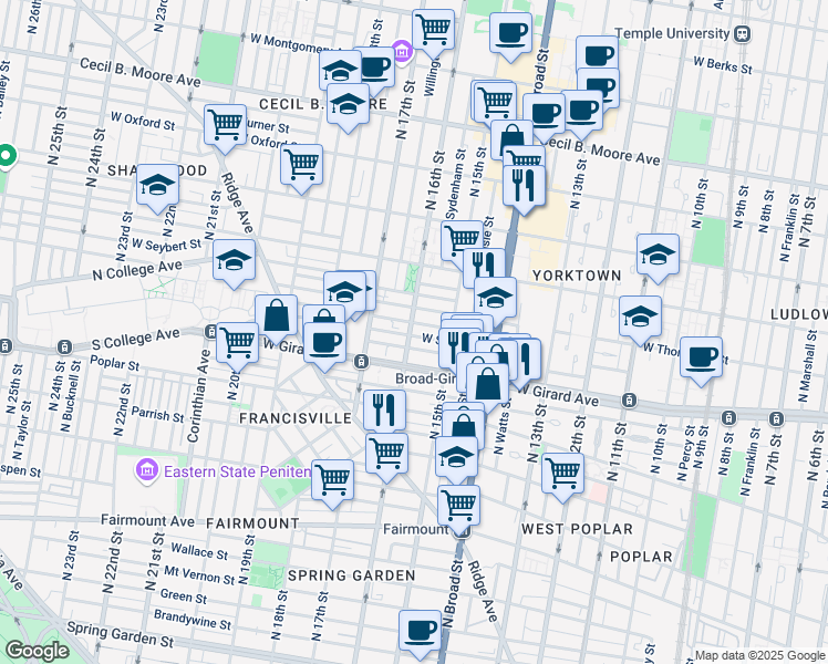 map of restaurants, bars, coffee shops, grocery stores, and more near 1538 West Thompson Street in Philadelphia