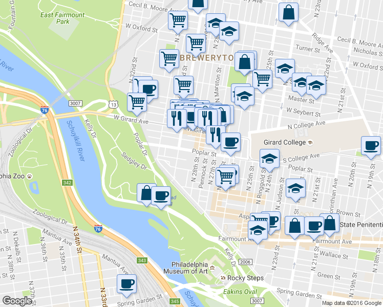 map of restaurants, bars, coffee shops, grocery stores, and more near 2834 Cambridge Street in Philadelphia