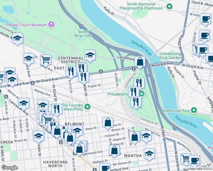map of restaurants, bars, coffee shops, grocery stores, and more near 3856 Cambridge Street in Philadelphia