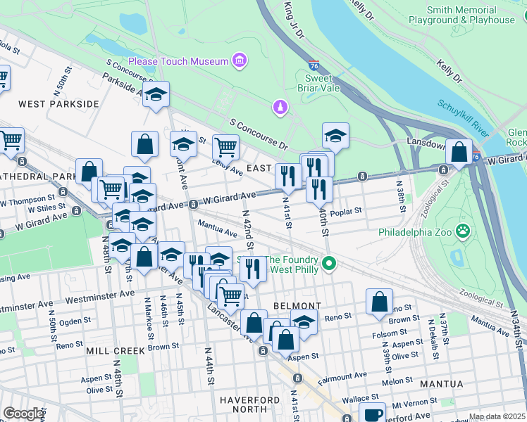 map of restaurants, bars, coffee shops, grocery stores, and more near in Philadelphia