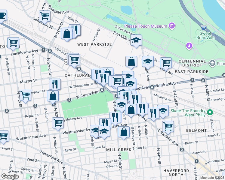 map of restaurants, bars, coffee shops, grocery stores, and more near 4819 Merion Avenue in Philadelphia