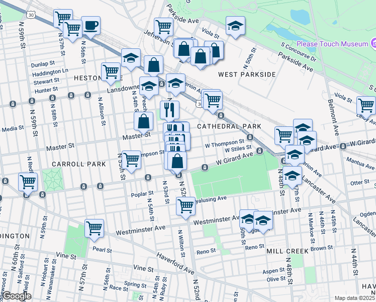 map of restaurants, bars, coffee shops, grocery stores, and more near 5132 Kershaw Street in Philadelphia