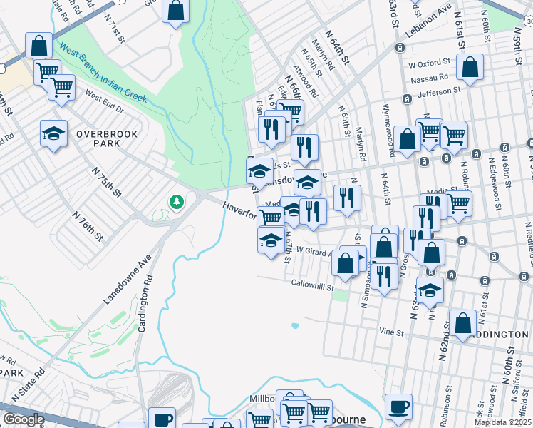 map of restaurants, bars, coffee shops, grocery stores, and more near 6722 Lansdowne Avenue in Philadelphia