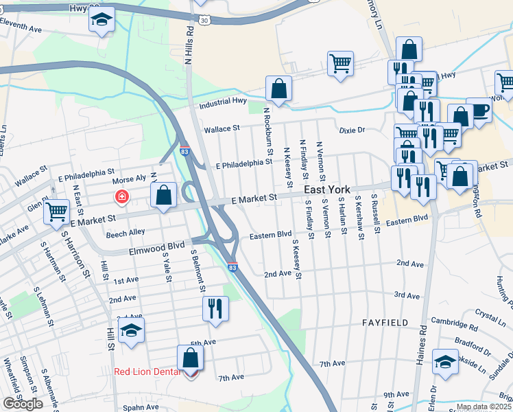 map of restaurants, bars, coffee shops, grocery stores, and more near 1901 Pennsylvania 462 in East York