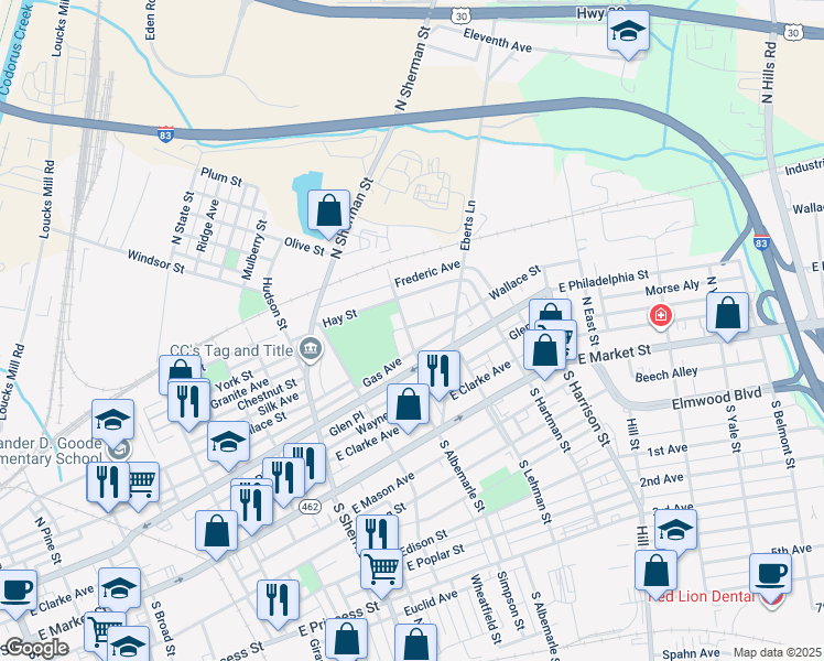 map of restaurants, bars, coffee shops, grocery stores, and more near 200 North Albemarle Street in York