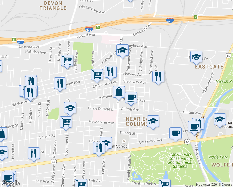 map of restaurants, bars, coffee shops, grocery stores, and more near 3241 Johnson Street in Columbus