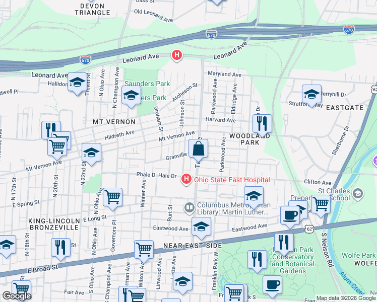 map of restaurants, bars, coffee shops, grocery stores, and more near 3241 Johnson Street in Columbus
