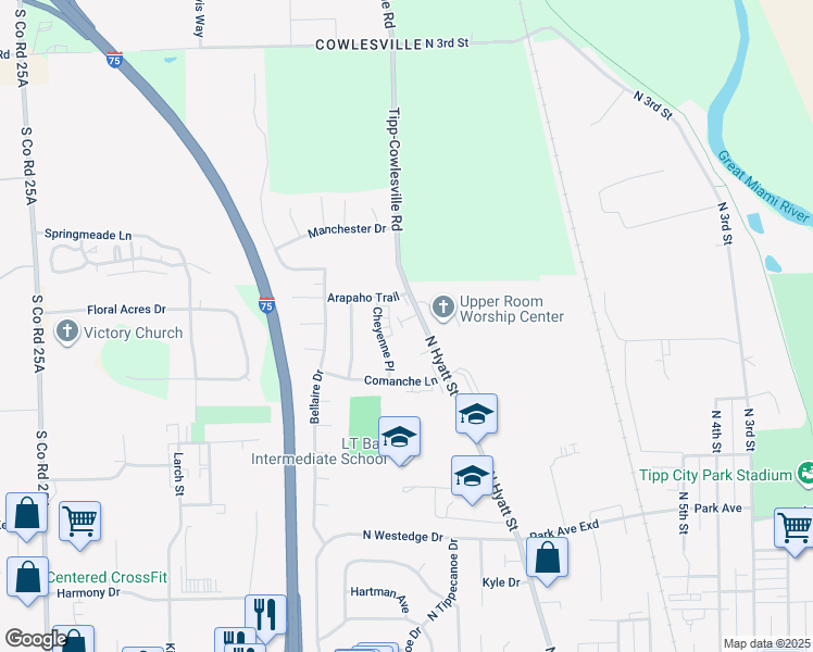 map of restaurants, bars, coffee shops, grocery stores, and more near 675 North Hyatt Street in Tipp City