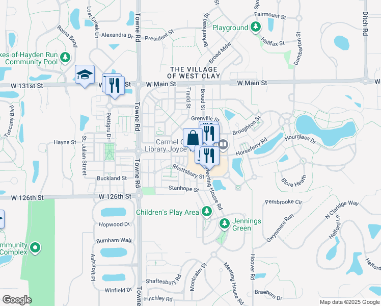 map of restaurants, bars, coffee shops, grocery stores, and more near 12840 University Crescent in Carmel