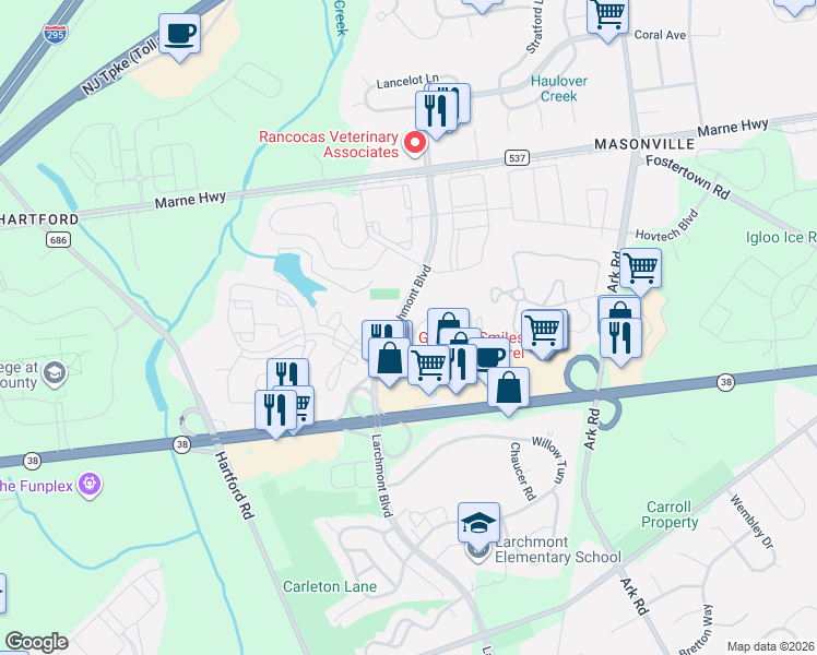 map of restaurants, bars, coffee shops, grocery stores, and more near 504B Sedgefield Drive in Mount Laurel Township