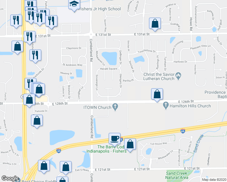 map of restaurants, bars, coffee shops, grocery stores, and more near 9935 Glenburr Court in Fishers