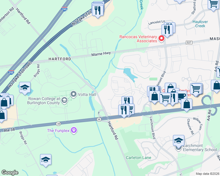map of restaurants, bars, coffee shops, grocery stores, and more near 2206A Durham Court in Mount Laurel Township