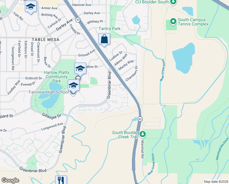 map of restaurants, bars, coffee shops, grocery stores, and more near 1504 Chambers Dr in Boulder