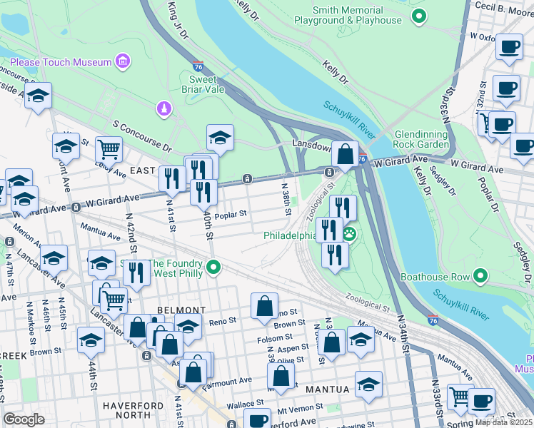 map of restaurants, bars, coffee shops, grocery stores, and more near 3842 Poplar Street in Philadelphia