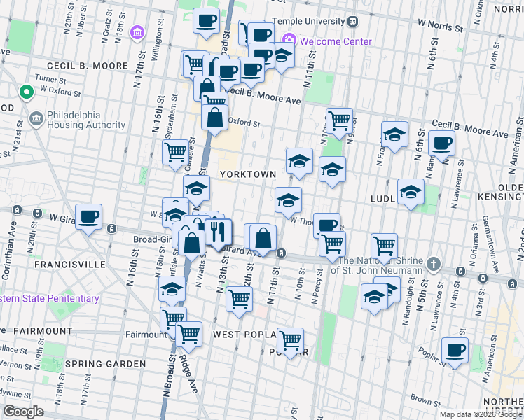 map of restaurants, bars, coffee shops, grocery stores, and more near 1116 Master Street in Philadelphia