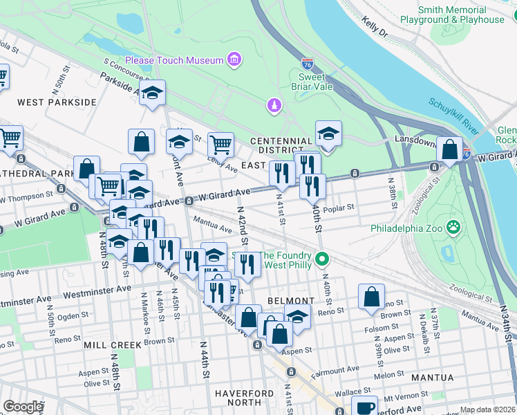 map of restaurants, bars, coffee shops, grocery stores, and more near 4132 Cambridge Street in Philadelphia