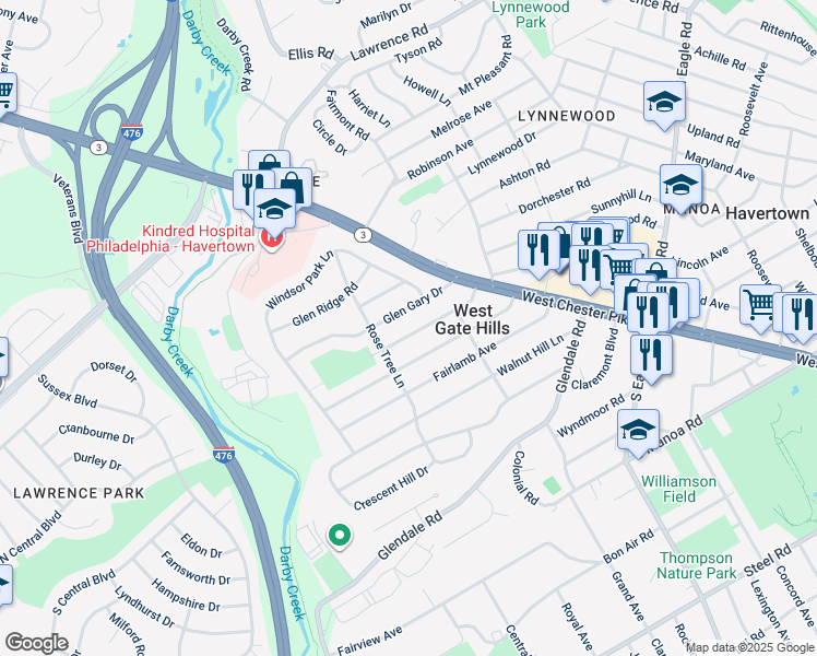 map of restaurants, bars, coffee shops, grocery stores, and more near 220 Oxford Hill Lane in Havertown