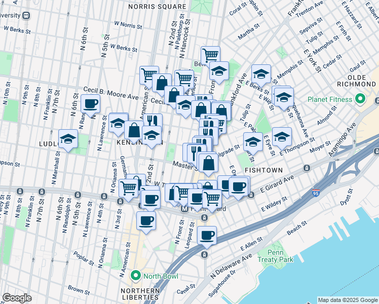 map of restaurants, bars, coffee shops, grocery stores, and more near 1437 North Howard Street in Philadelphia