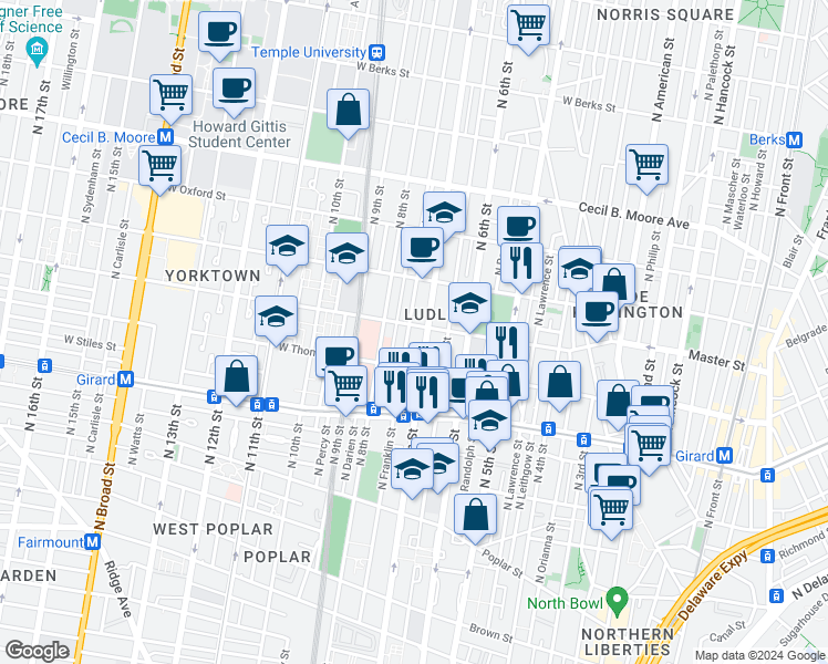 map of restaurants, bars, coffee shops, grocery stores, and more near 1345 North Franklin Street in Philadelphia