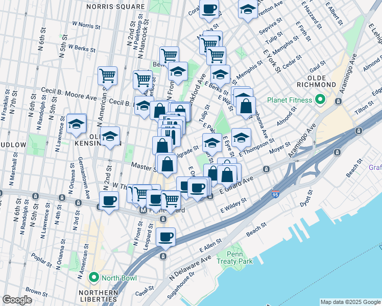 map of restaurants, bars, coffee shops, grocery stores, and more near 1362 East Columbia Avenue in Philadelphia