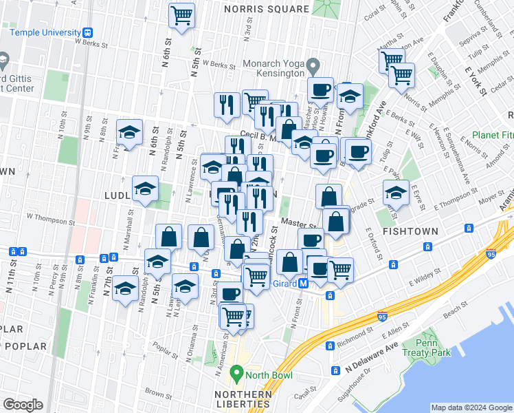 map of restaurants, bars, coffee shops, grocery stores, and more near 1416 North 2nd Street in Philadelphia