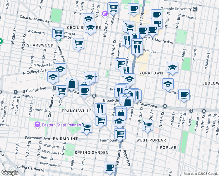 map of restaurants, bars, coffee shops, grocery stores, and more near 1538 West Thompson Street in Philadelphia
