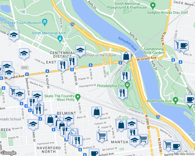 map of restaurants, bars, coffee shops, grocery stores, and more near 3842 Poplar Street in Philadelphia