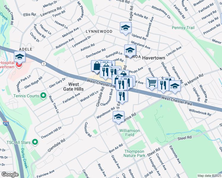 map of restaurants, bars, coffee shops, grocery stores, and more near 12 Claremont Boulevard in Havertown