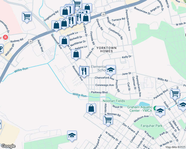 map of restaurants, bars, coffee shops, grocery stores, and more near 1022 Kelly Drive in York
