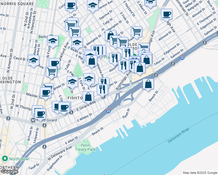 map of restaurants, bars, coffee shops, grocery stores, and more near 1225 East Susquehanna Avenue in Philadelphia