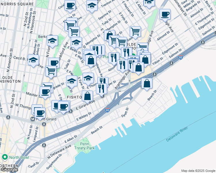 map of restaurants, bars, coffee shops, grocery stores, and more near 1225 East Susquehanna Avenue in Philadelphia