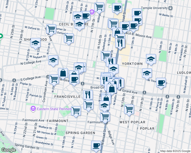 map of restaurants, bars, coffee shops, grocery stores, and more near 1539 West Stiles Street in Philadelphia