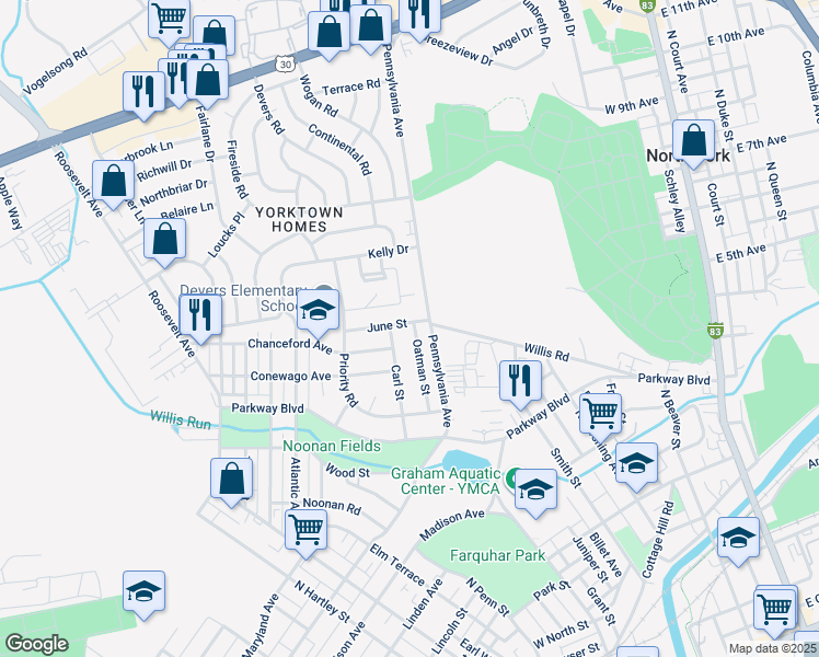 map of restaurants, bars, coffee shops, grocery stores, and more near 808 Oatman Street in York