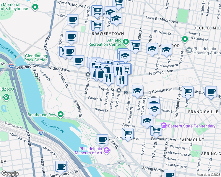 map of restaurants, bars, coffee shops, grocery stores, and more near in Philadelphia
