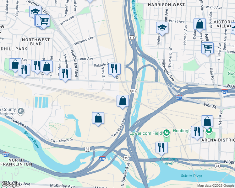 map of restaurants, bars, coffee shops, grocery stores, and more near 777 Goodale Boulevard in Columbus