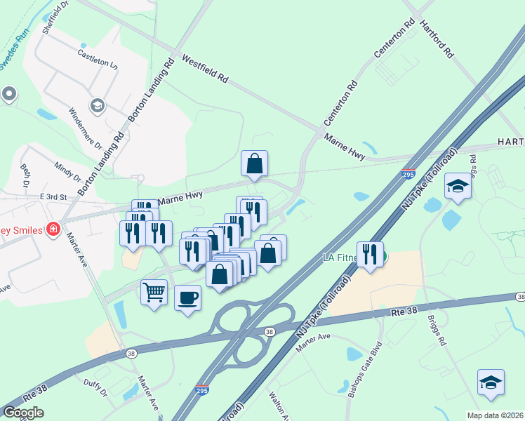 map of restaurants, bars, coffee shops, grocery stores, and more near 760 Marne Highway in Moorestown