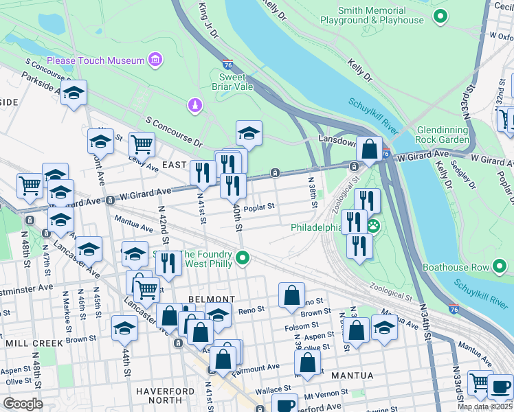 map of restaurants, bars, coffee shops, grocery stores, and more near 1105 Union Street in Philadelphia