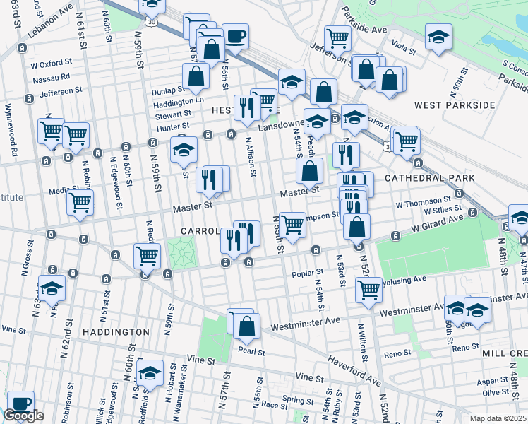 map of restaurants, bars, coffee shops, grocery stores, and more near 1325 North Allison Street in Philadelphia