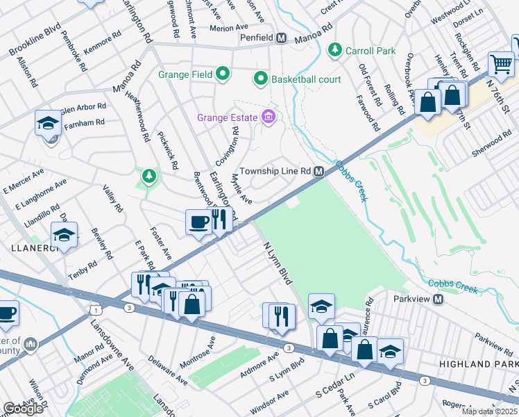 map of restaurants, bars, coffee shops, grocery stores, and more near 24 Myrtle Avenue in Havertown