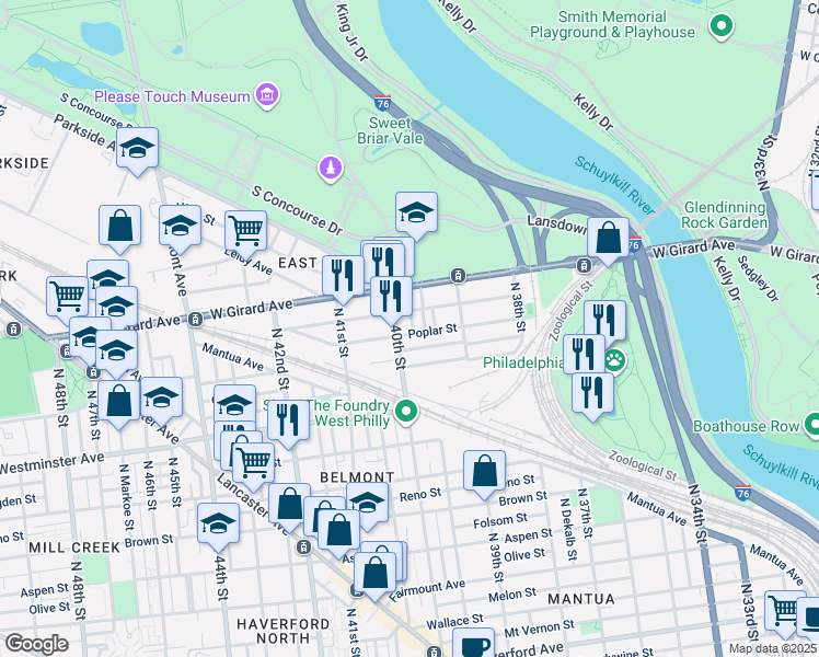 map of restaurants, bars, coffee shops, grocery stores, and more near 1104 Sloan Street in Philadelphia