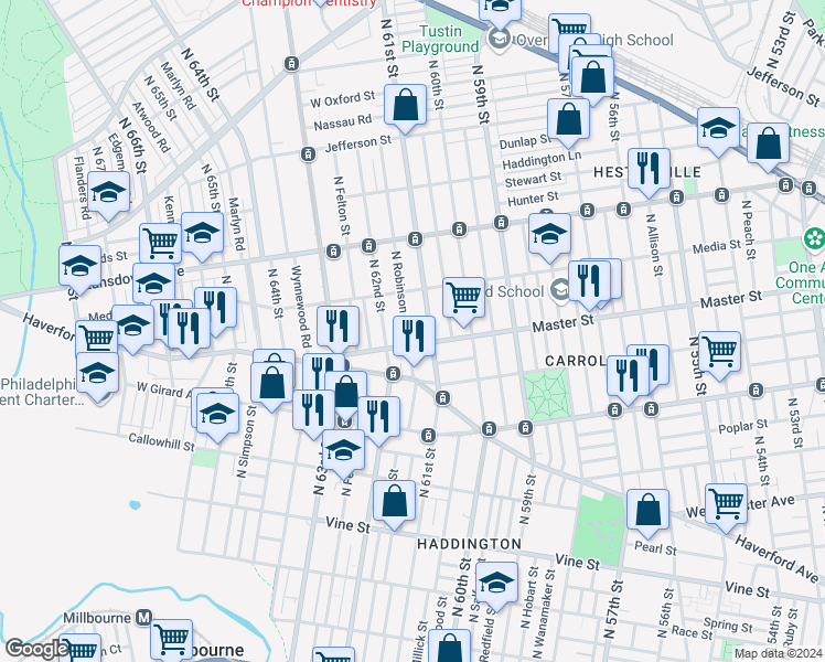 map of restaurants, bars, coffee shops, grocery stores, and more near 1417 North Robinson Street in Philadelphia