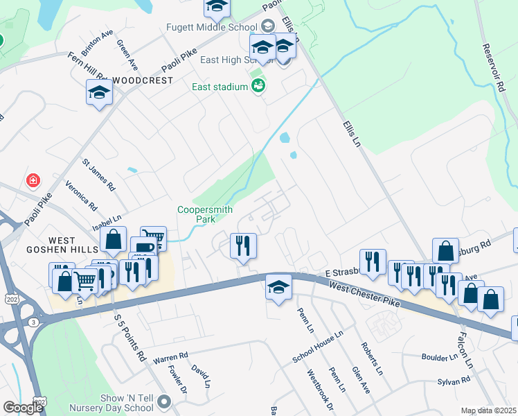 map of restaurants, bars, coffee shops, grocery stores, and more near 1181 Queen Lane in West Chester
