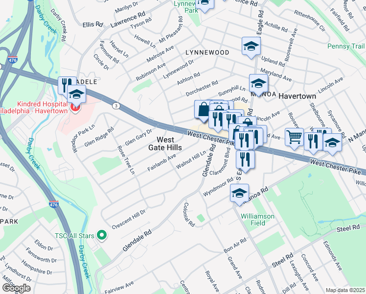 map of restaurants, bars, coffee shops, grocery stores, and more near 112 Ivy Rock Lane in Havertown