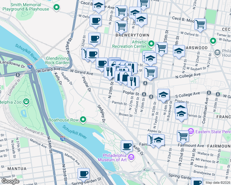 map of restaurants, bars, coffee shops, grocery stores, and more near 2834 Cambridge Street in Philadelphia