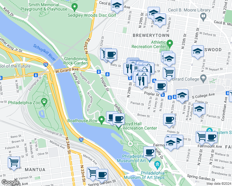 map of restaurants, bars, coffee shops, grocery stores, and more near 868 North 30th Street in Philadelphia