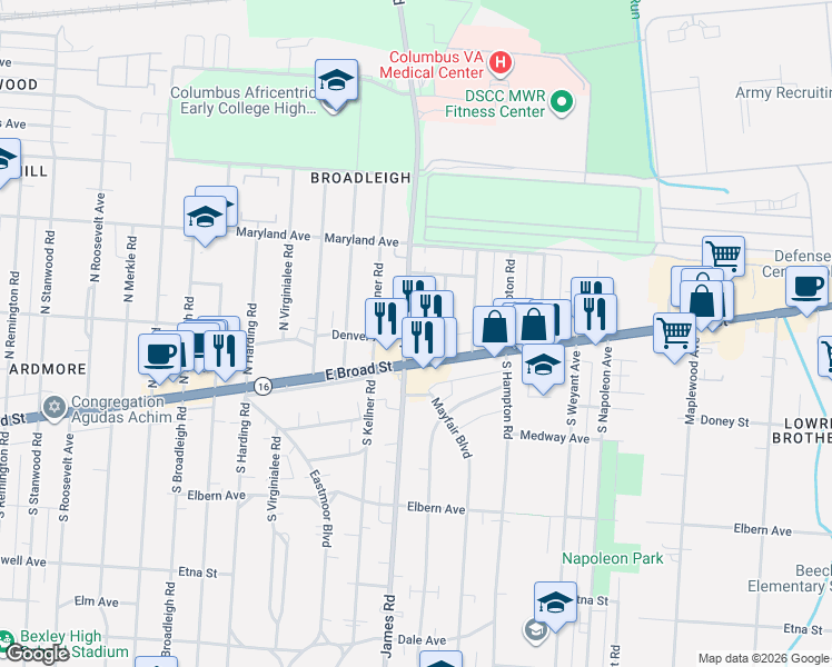 map of restaurants, bars, coffee shops, grocery stores, and more near 40 North James Road in Columbus