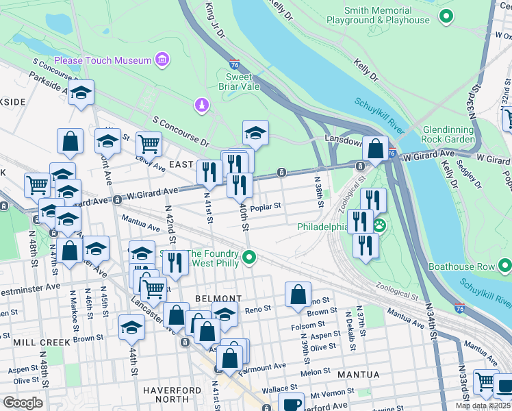 map of restaurants, bars, coffee shops, grocery stores, and more near 1103 Sloan Street in Philadelphia
